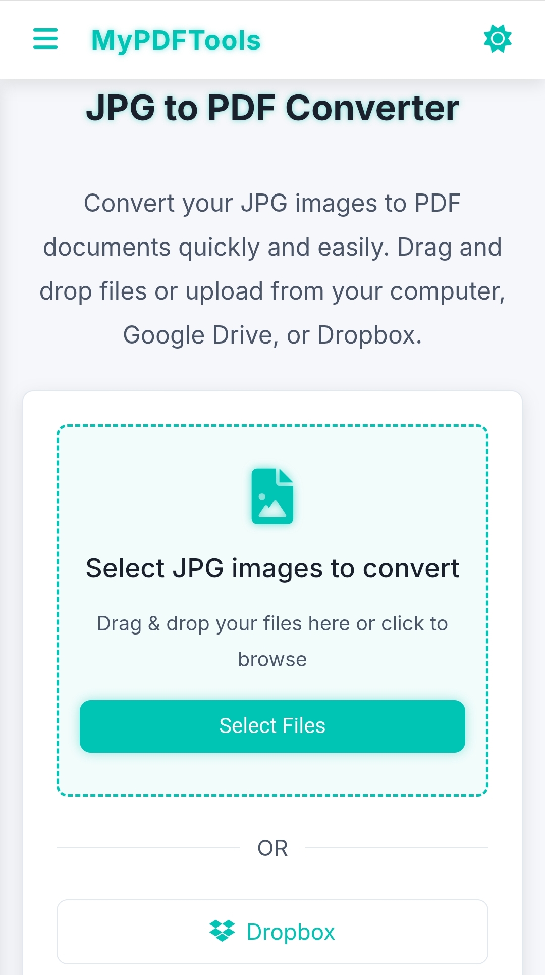 Screenshot of MyPDFTools JPG to PDF converter tool showing upload and conversion options